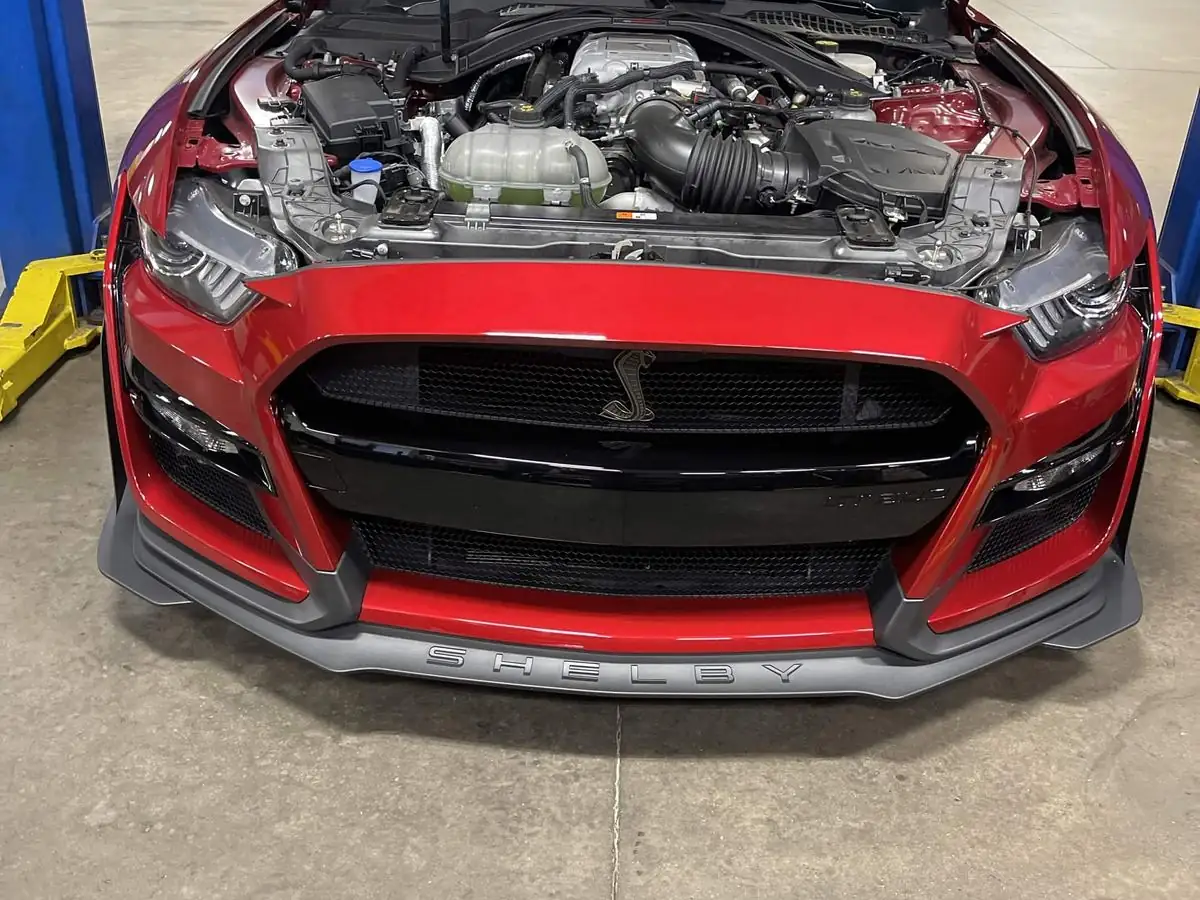 Red Shelby GT500 with the hood raised, front grille and engine bay visible